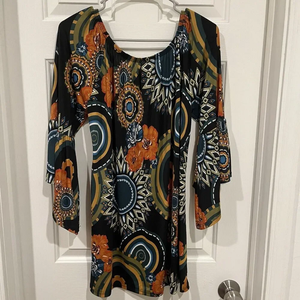 Womens Sz S Floral Off Shoulder Tunic Top / Dress Bell Sleeves Stretch Halloween - Picture 3 of 10